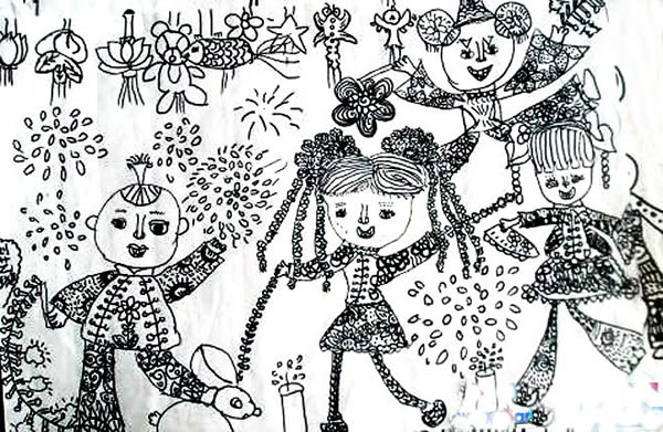 正月十五元宵节小朋友闹花灯儿童画