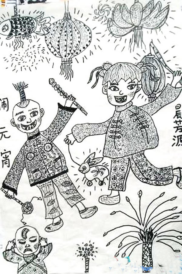 闹花灯主题儿童画 简单儿童画元宵节的图画图片