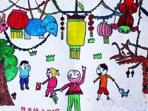 三年级正月十五元宵节儿童画 看花灯闹元宵挂彩灯绘画图片