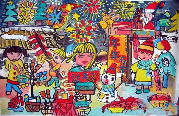 主题《过年了》儿童画 儿童画过年景象的图片