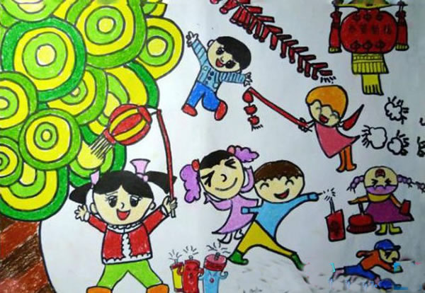 过新年放鞭炮儿童画 儿童画过新年的图画美术作品