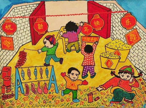春节热闹的景象画的图片 关于春节的儿童画