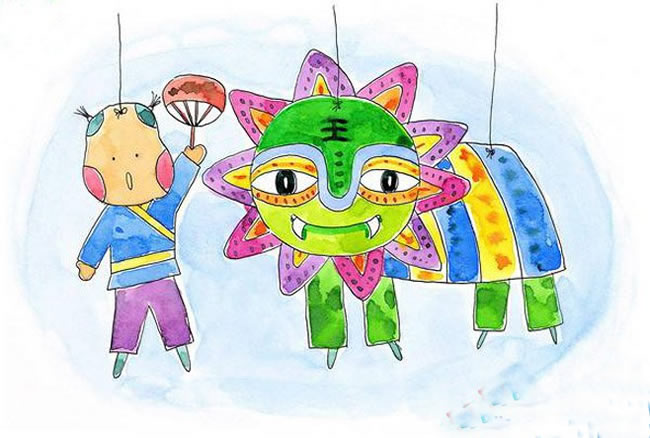 关于舞狮的画图儿童画 以过年为主题舞狮的画