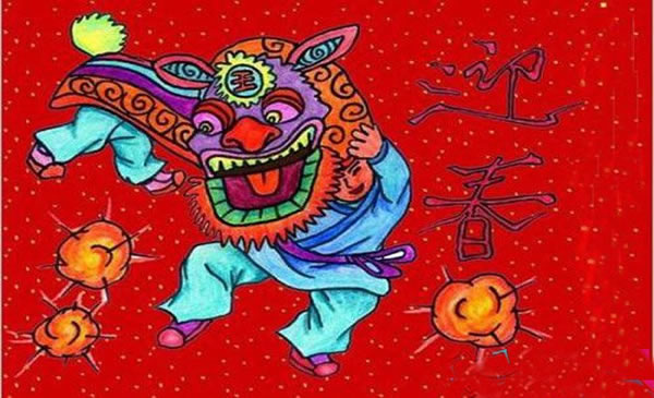 迎春节舞狮子儿童画_关于春节儿童绘画优秀作品图片