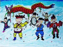 敲锣打鼓迎新年主题儿童画