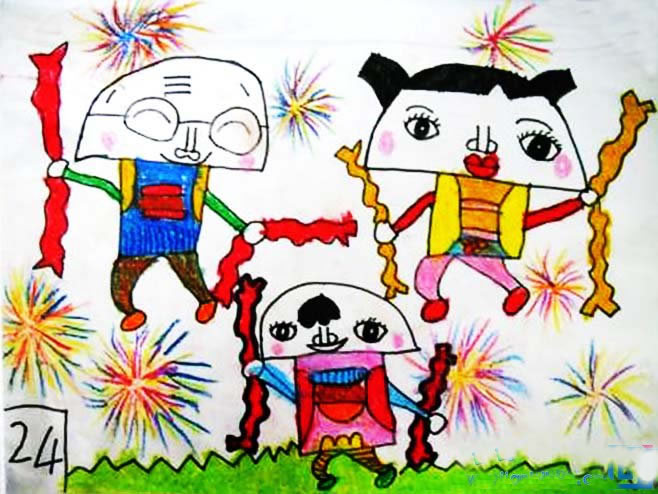 过新年放烟花儿童画_小学生关于过新年的儿童画作品欣赏