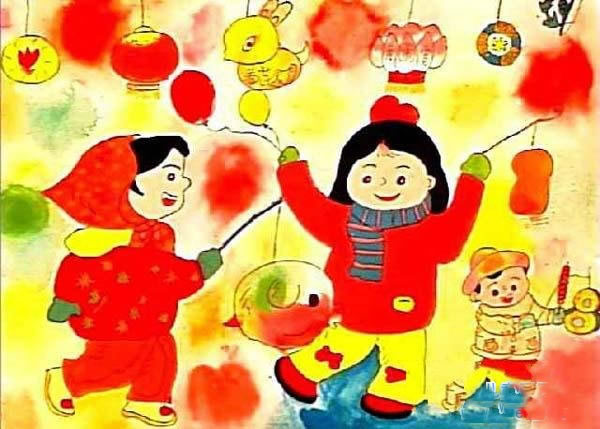 元宵节闹花灯主题儿童画_幼儿绘画正月十五闹花灯