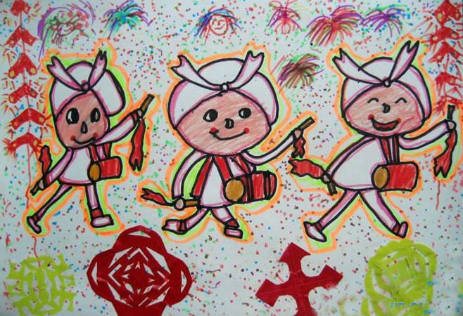 迎新年打腰鼓儿童画_幼儿绘画打腰鼓作品