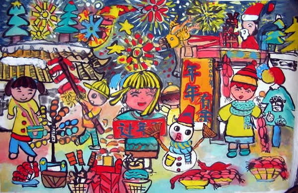 主题过年了儿童画作品欣赏_欢欢喜喜过新年