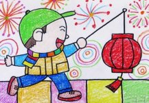 元宵节挑花灯儿童画
