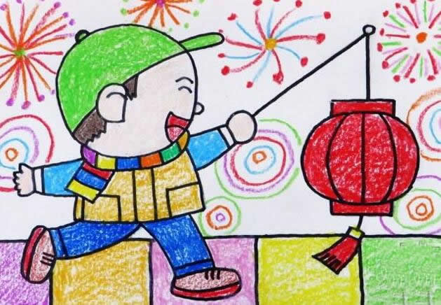 元宵节挑花灯儿童画 快乐的元宵节绘画图片儿童画