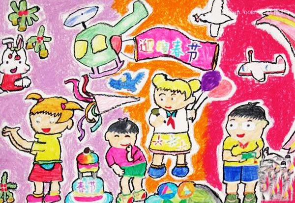 小学生关于春节的画儿童画_迎接春节