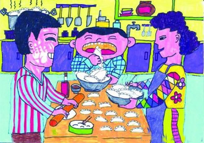 【过年儿童画】关于过年吃饺子主题优秀儿童画作品