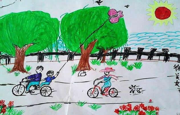 清明节踏青主题儿童画 - 清明郊游放风筝
