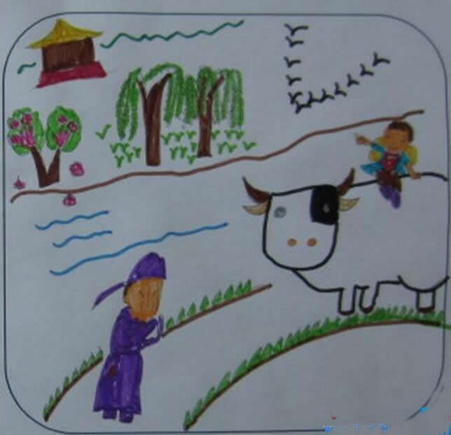 最简单而又好看的清明节儿童画小学作品 - 牧童遥指杏花村