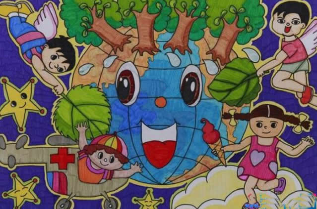 世界地球日主题儿童画作品赏析 - 保卫地球共创碧海蓝天