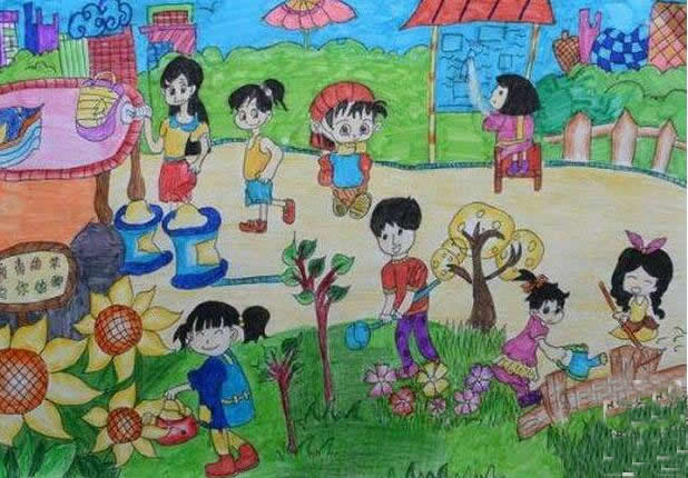 好看的小学生五一劳动节主题儿童画 - 我劳动我快乐