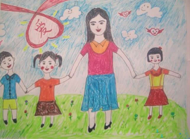 教师节题材的儿童画小学生优秀作品 - 我的老师/蜡笔画图片