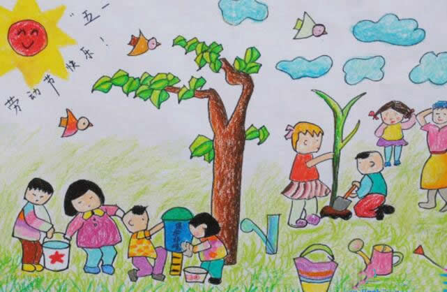 五一热爱劳动画 - 儿童画欢庆五一劳动节的图画