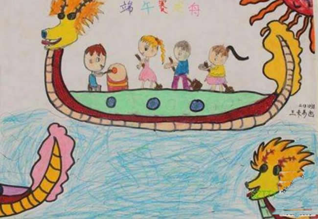 赛龙舟图片儿童画简单 - 五月五端午节赛龙舟儿童蜡笔画作品欣赏