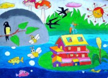 春天燕子小鱼蜜蜂小房子作品